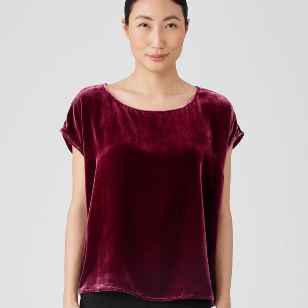Eileen Fisher Velvet Square Top - XS - Silk Blend - Cranberry Red - Quiet Luxury